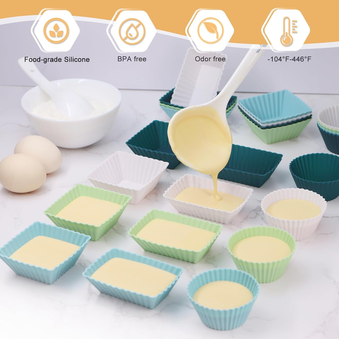 24Pack Silicone Muffin Cups, Reusable Cupcake Liners Molds for Baking, 3 Shapes Lunch Box Bento Dividers-Round, Square, and Rectangular (Neutral Colors, Regular Size)