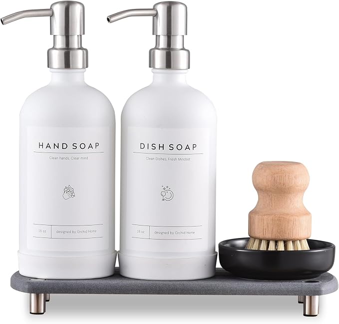 Kitchen Soap Dispenser Set - 16OZ White Glass Bottle by ORCHID+HOME