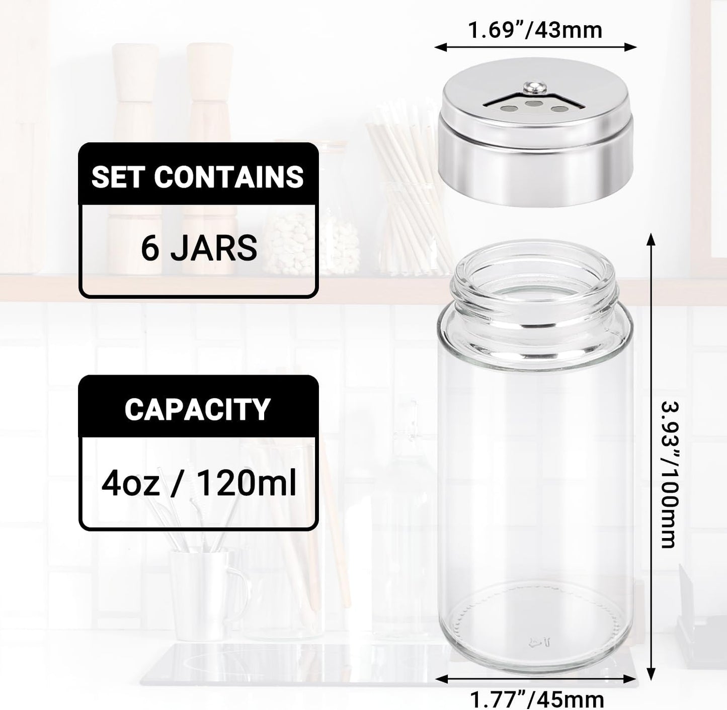 Segarty Spice Jar with Shaker Lids, 6 Pack 4 oz Glass Spice Jars with Adjustable Pour Large Holes for Herbs Grains, Clear Empty Seasoning Containers Spices Bottles Lid Salt Pepper Shakers