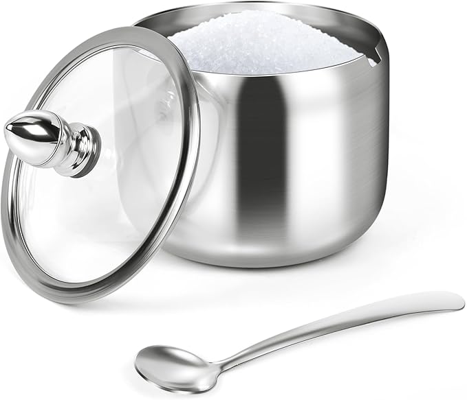 holoith Sugar Container with Glass Lid and Spoon - 10oz Stainless Steel Sugar by Holoith