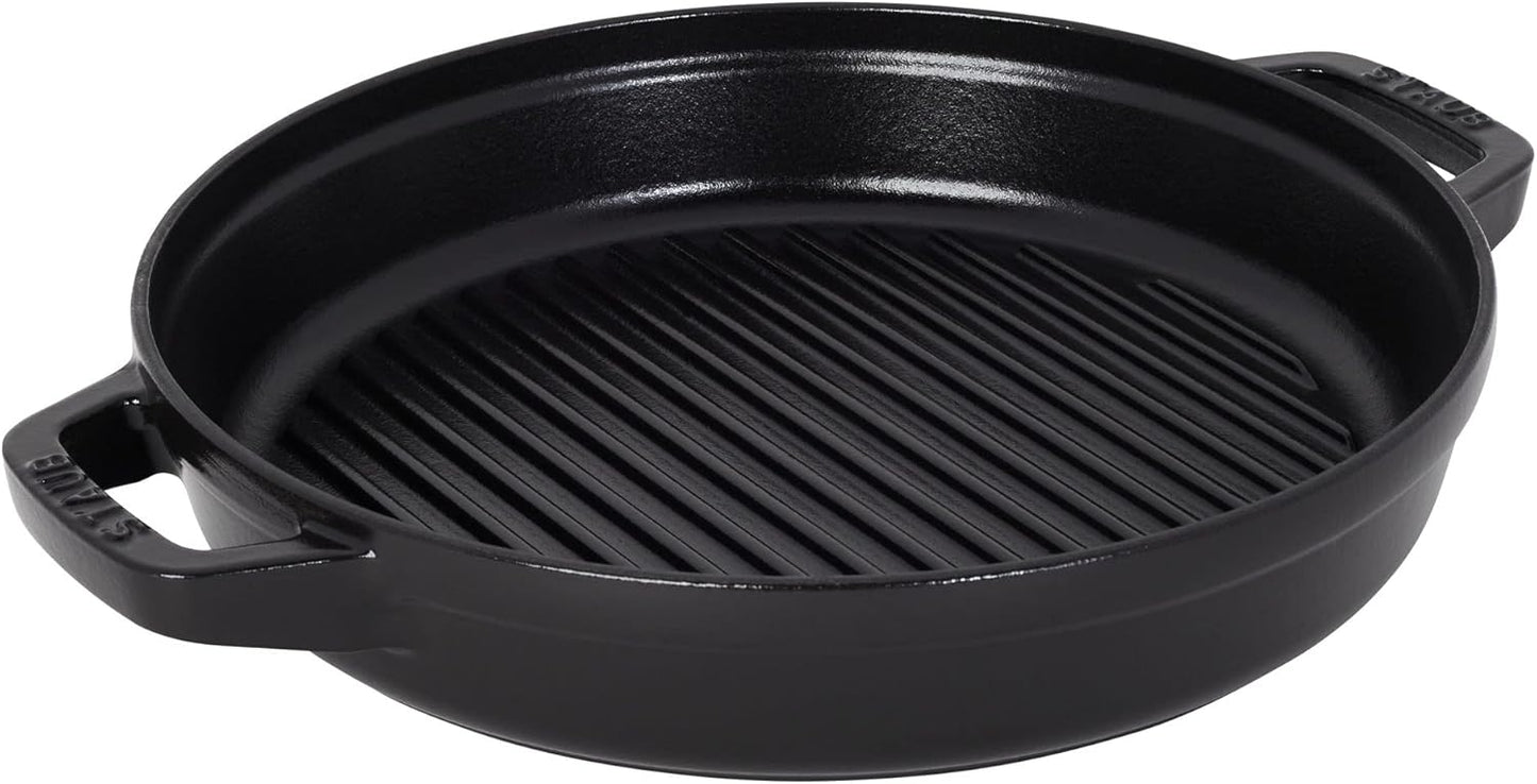 STAUB Cast Iron Set 4-pc, Stackable Space-Saving Cookware Set, Dutch Oven, Skillet, Grill Pan with Universal Lid, Made in France, Matte Black