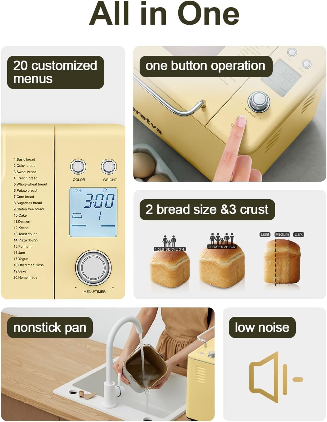 Neretva 20-IN-1 Bread Maker, Dual Heater 2LB Bread Machine Stainless Steel Bread Maker Machine Nonstick Ceramic Pan Compact for Gluten Free/Sourdough/Whole Wheat Bread/Yogurt, Breadmaker Recipe-Yellow