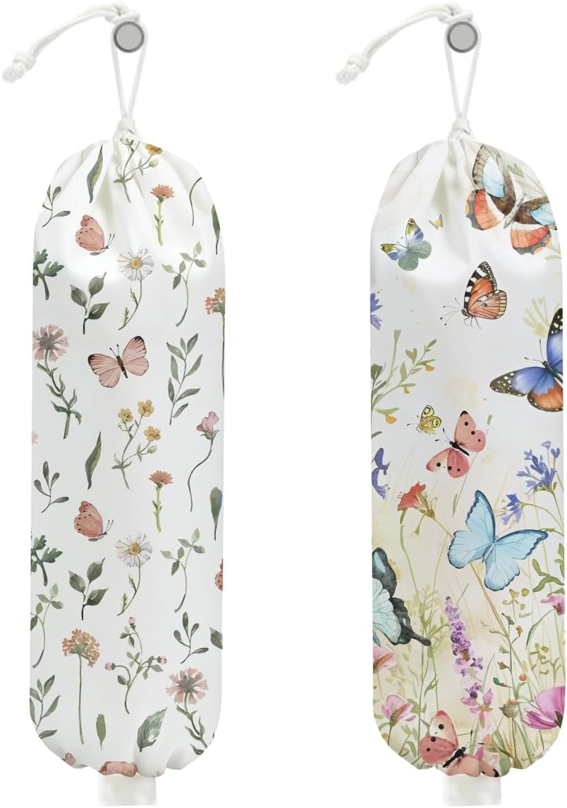 2Pcs Vintage Floral Plastic Bag Holder, Wall Mount Trash Bag Holder, Summer Floral Colorful Butterfly Large Reusable Grocery Bags Storage Dispenser for Home Kitchen Pantry, Butterfly Gifts for Women