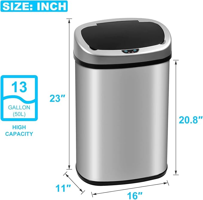 Bigacc Kitchen Trash Can | Stainless Steel 13 Gallon Trash Can | 50L Touch Free - Image 3