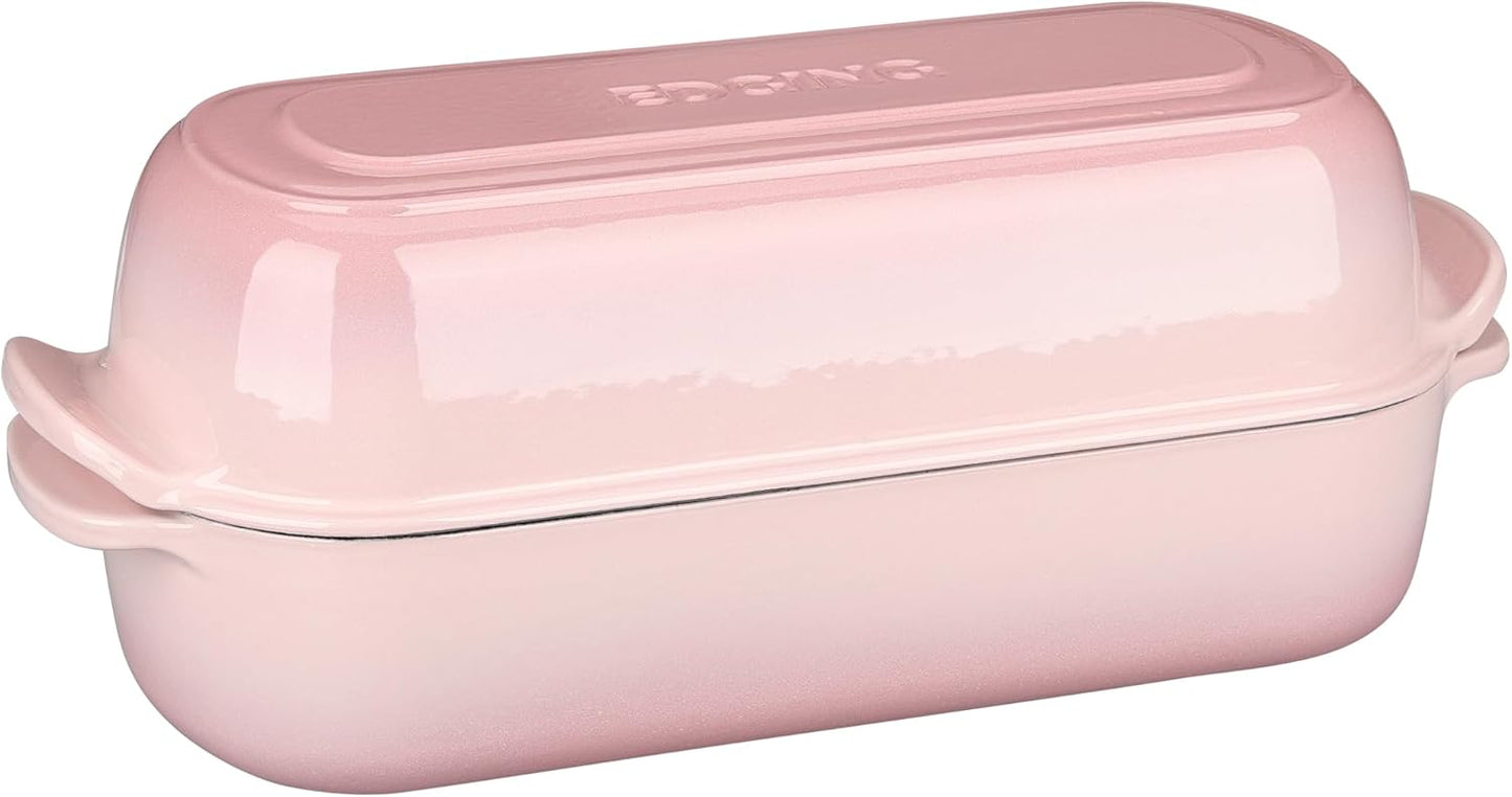 Enameled Cast Iron Loaf Pan with Lid, Dutch Oven for Homemade Bread Baking, 12.5x5.5 inch, 5Qt, Pink