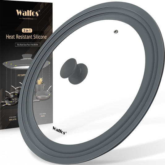Walfos Universal Lid for 10.5", 11.5" and 12" Diameter Cookware, Fits Pots, Pans and Skillets - Walfos Tempered Glass Pan Lid with Heat Resistant Silicone Rim, BPA Free Pot Lids, Dishwasher-Safe, Gray