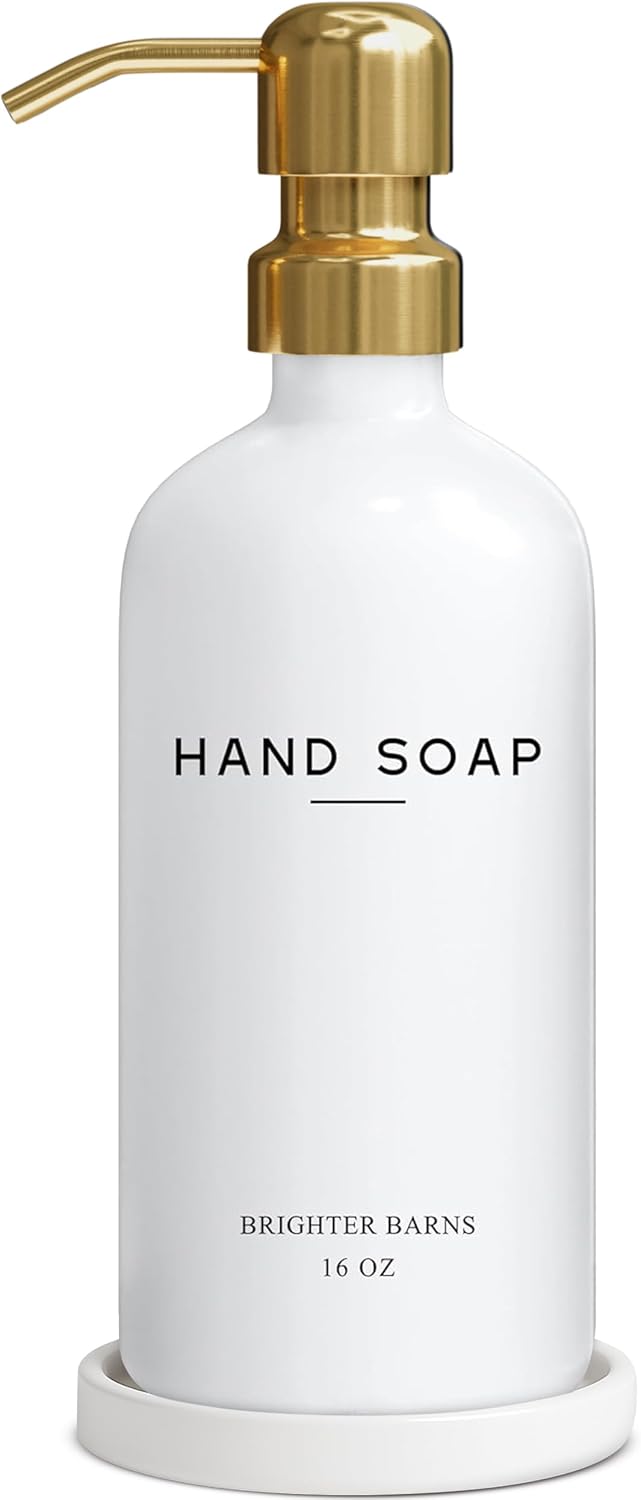 Luxury Glass Hand Soap Dispenser Bathroom Set by Brighter Barns - Hand Soap Dispenser with Stainless Steel Pump - Glass Bottle with Round Tray - White and Gold Bathroom Decor & Accessories (Gold)