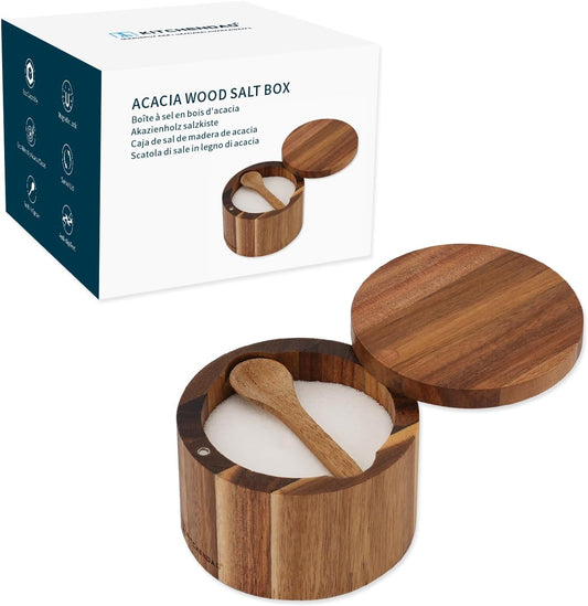 KITCHENDAO Acacia Wood Salt Cellar Bowl Box with Built-in Spoon to avoid Dust, Elegant Kitchen Salt Container Holder with Swivel Magnetic Lid to Storage Pepper Spice Bath Salt Sea Salt, 6OZ