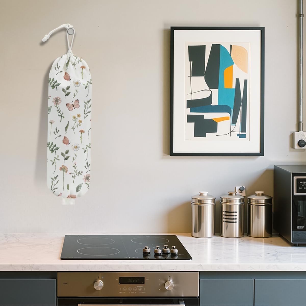 Boho Floral Plastic Bag Holder, Wall Mount Trash Bag Holder, Rustic Butterfly Large Reusable Grocery Bags Storage Dispenser for Home Kitchen Pantry Farmhouse, Flower Gifts for Women, 22.5x9 Inch