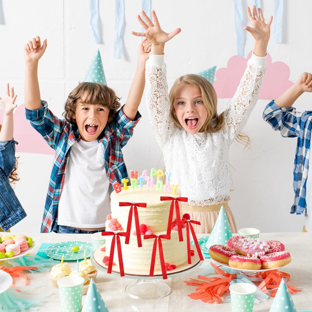 Bow Cake Toppers, 10 Pcs Large Red Bows Cupcake Toppers Themed Party Decorations, Red Birthday Cake Decorations for Wedding Baby Shower Party Supplies