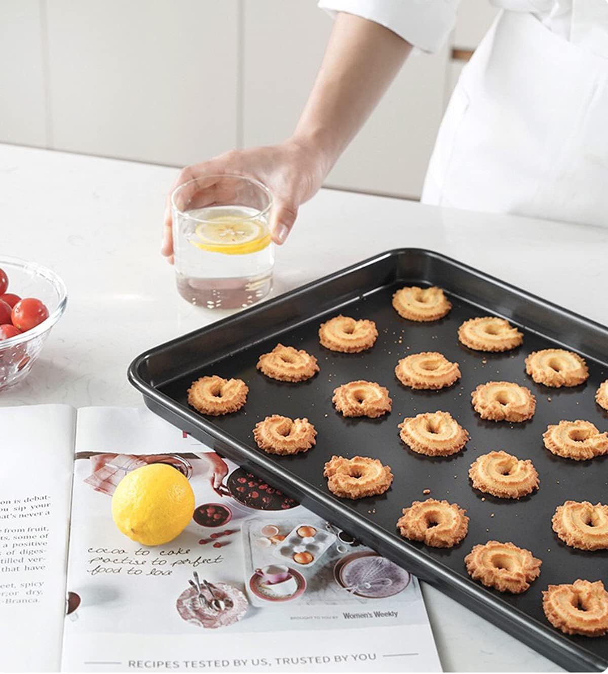 2 Cookie Baking Sheet Pan Nonstick 15.55 x10.63Inch (Inner 14.76x9.84inch) Jelly Roll Tray 2x Thicker Carbon Steel Non -Toxic Bakeware
