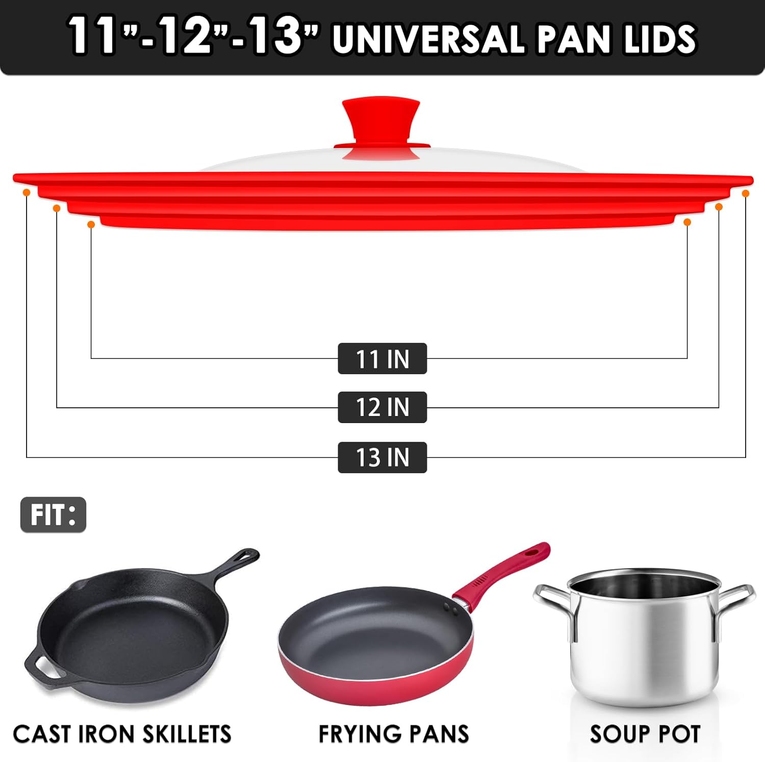 Universal Pan Lids, Silicone Pot lids for Pots, Pans & Skillets - Fits 11", 12" & 13" Diameter Cookware, Replacement Frying Pan lid, Dishwasher Safe (Red)