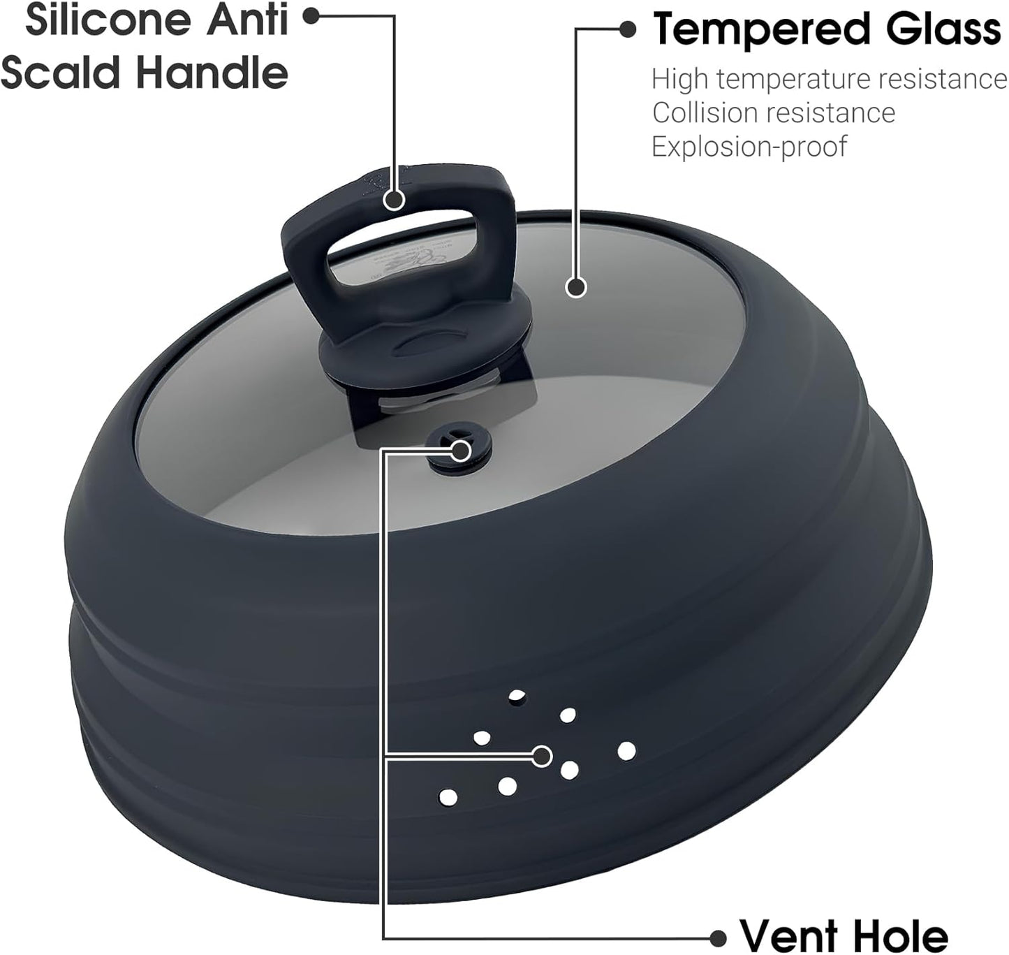 Microwave Splatter Cover Collapsible Silicone & Tempered Glass 11.8 Inch Microwave Cover for Food Splatter Guard with Steam Vents Dishwasher Safe Fits Bowls, Plates & Pots (Gray)