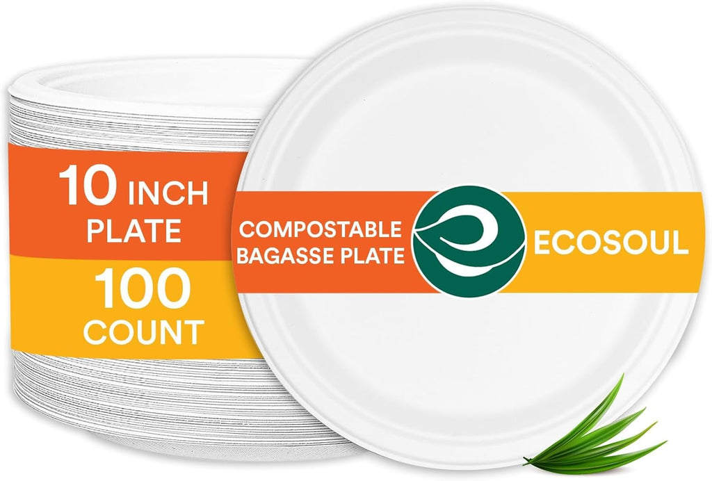 ECO SOUL Pearl White 10 Inch [100-Pack] Paper Plates | 100% Compostable Disposable Bagasse I Heavy-Duty Eco-Friendly Dinner Plates I Biodegradable Sugarcane Eco Plates | Microwavable