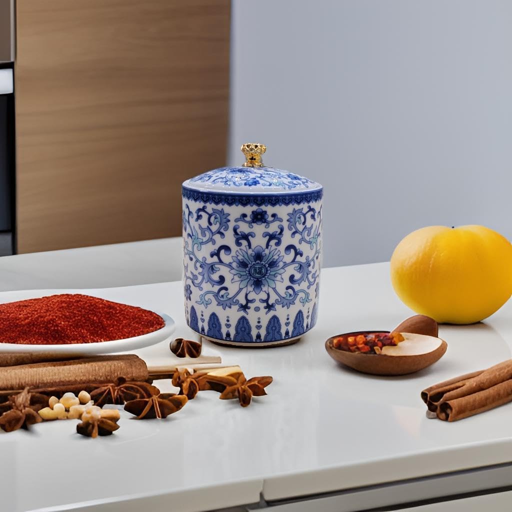 Small Vintage Blue and White Porcelain Salt Cellar with Lid Ceramic Salt Holder Container for Countertop, Airtight Spice Jar, Kitchen Storage Dish