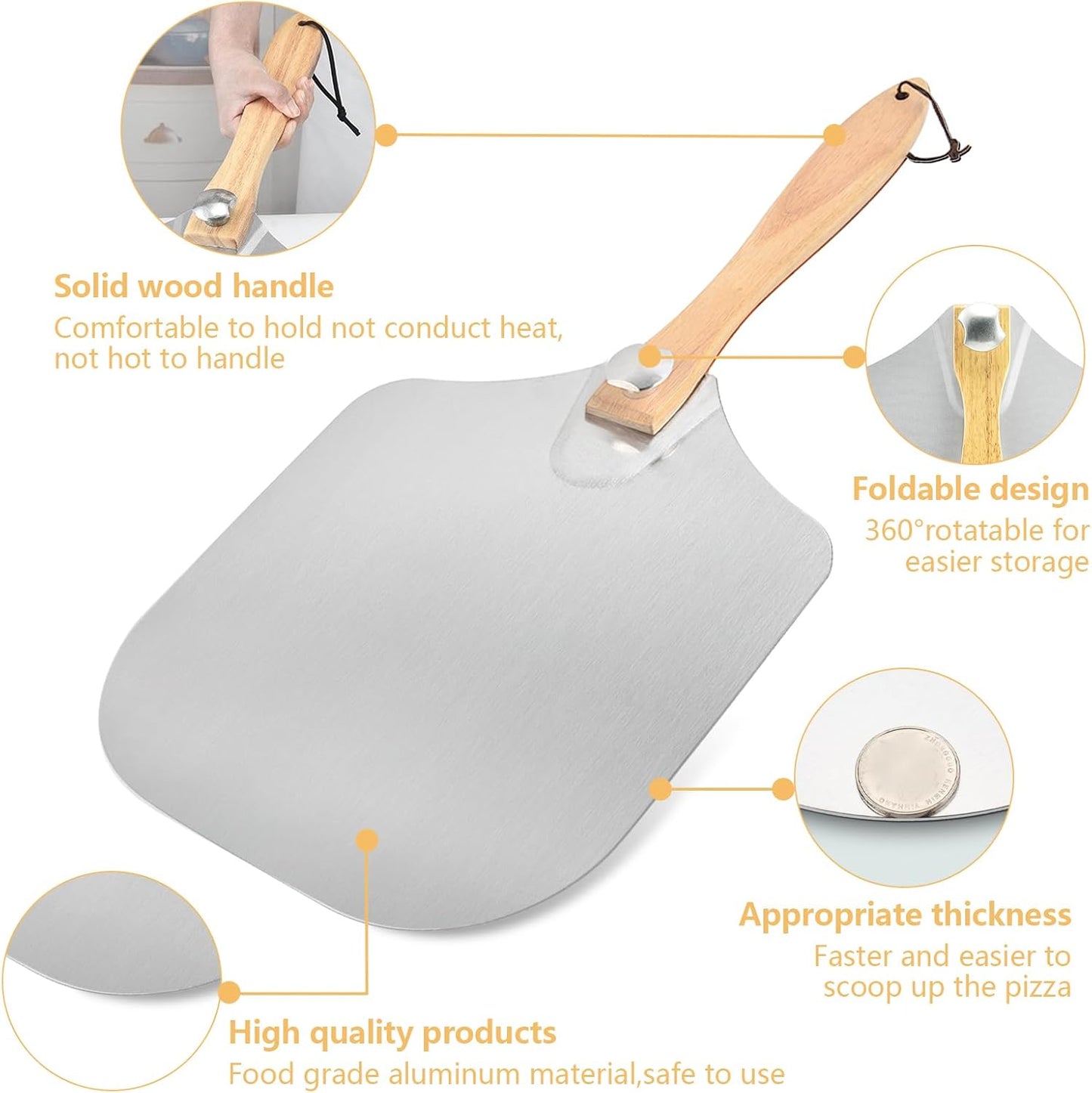 Luvan Aluminum Metal Pizza Peel with Foldable Wooden Handle,12x14 Inch Aluminum Pizza Peel,Pizza Paddle Foldable Pizza Spatula Paddle for Oven,Baking Homemade Bread