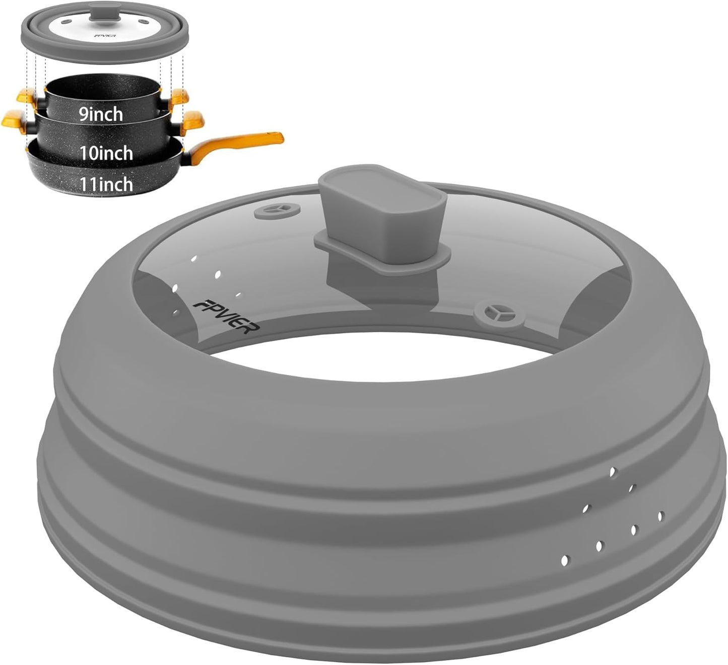 Microwave Splatter Cover, Vented Silicone and Glass Cover Splatter Guard Lid, Food Collapsible Plate Cover Lid with Easy Grip Handle. (Gray, 11.8 inch)