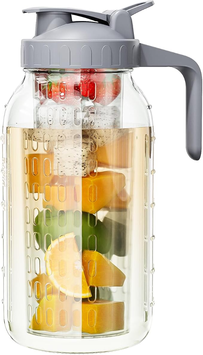 64 oz Glass Pitcher with Lid, Heavy Duty Wide Mouth Mason Jar with Pour Spout by OneDream
