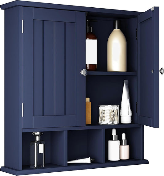 ChooChoo Bathroom Cabinet Wall Mounted 2-Door with 3 Open Shelves， Wooden Medicine Cabinets with Adjustable Shelf，Space Saver Storage Cabinets Over The Toilet for Bathroom&Living Room,Blue