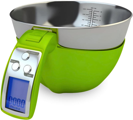 Fradel Digital Kitchen Food Scale with Bowl - 11lb, Grams & Ounces - Removable, Dishwasher-Safe Mixing Bowl - Green