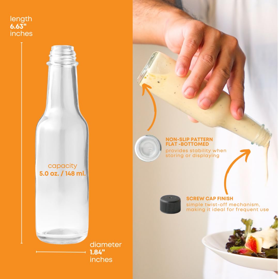 FastRack - 5oz Woozy Bottles for Hot Sauce, Pack of 24 with Black Plastic Caps & Shrink Sleeves, Empty, Clear Glass bottles with Leakproof Cap - No Dripper Included