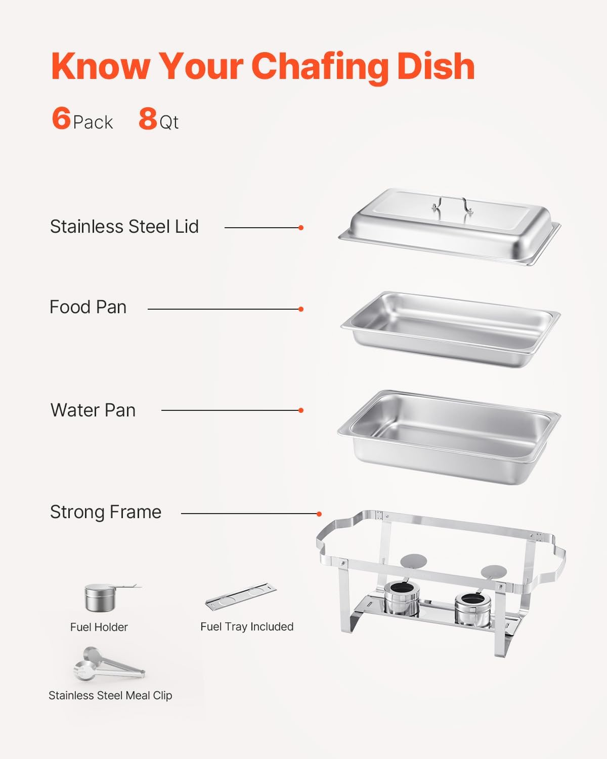 VEVOR Chafing Dish Buffet Set, 8 Qt 6 Pack, Stainless Steel Chafer with 6 Full Size Pans, Rectangle Catering Warmer Server with Lid Water Pan Stand Fuel Holder, for Weddings Parties Banquets, Silver