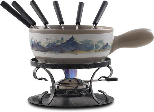 Artestia Swiss Fondue Set for Party - 2L Large Capacity Cheese Fondue Pot Melting Chocolate, Ceramic Fondue Pot, 6 Fondue Forks, Christmas, Wedding Gifts (Rockies Reverie)