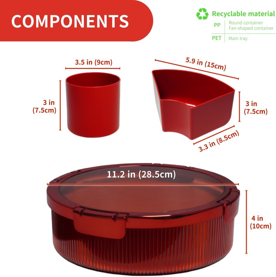 Snackle Box Container, Round Divided Serving Tray with lid 6parts (Red) for Veggie, Candy and Nuts Organizer, Snackle Charcuterie Boxes for Travel, Party and Picnic