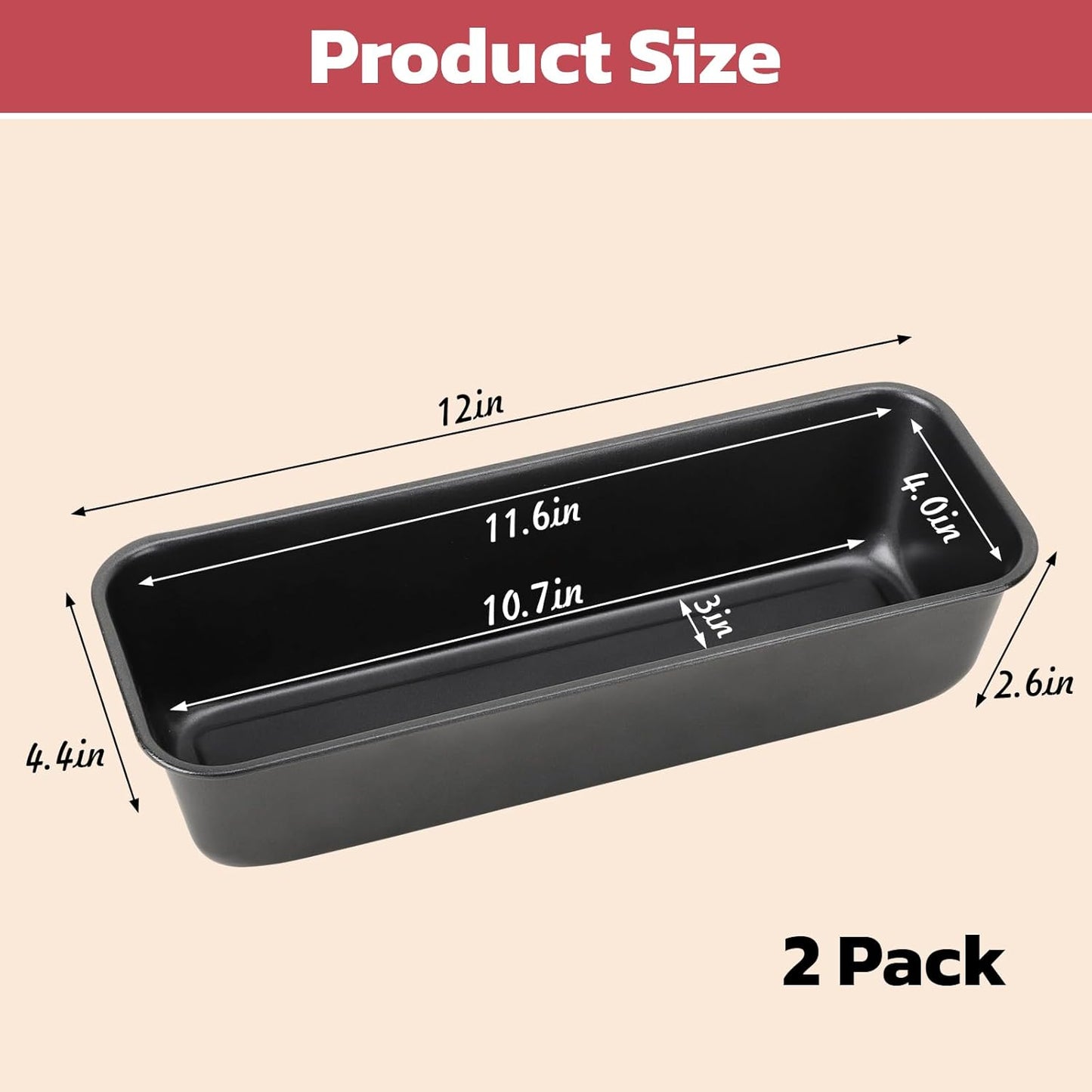Beasea Long Loaf Bread Pan, 12x4 Inch 2 Set Rectangle Loaf Pan, Nonstick Bread Pans Carbon Steel Toast Pan Black Cake Pan Loaf Baking Pans Bakeware for Oven Baking