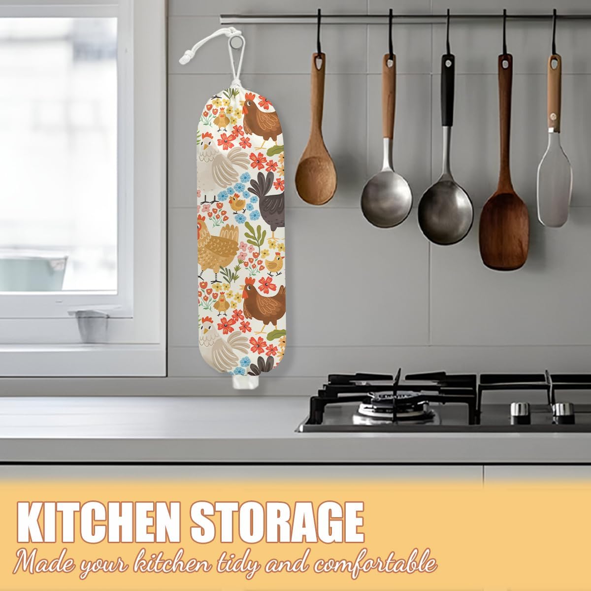 Chicken Plastic Bag Holder, Wall Mount Grocery Bag Holder, Plastic Storage bag, Pull Rope Free Adjustment, Plastic Bag Holders for Grocery Bags, Plastic Bag Dispenser for Home Kitchen