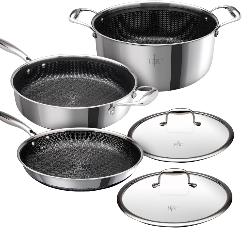 Hell's Kitchen Hybrid 5 Pc Cookware Set, Tri-Clad Stainless Steel and Nonstick Ceramic, PFAS Free, no PFOA, no PTFE, no Teflon, Non Toxic Cookware, Metal Utensil Safe, All Cooktops and Oven Safe