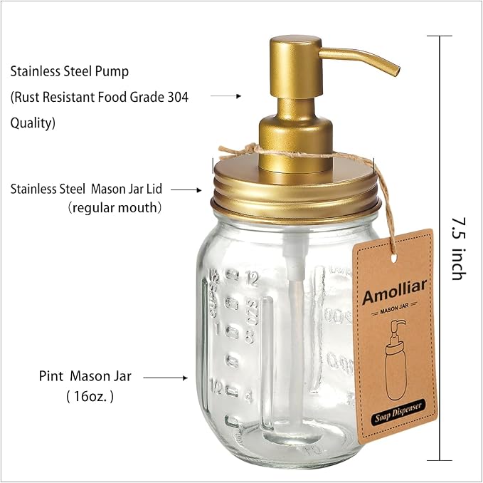 Amolliar Mason Jar Liquid Soap Dispenser -Rustproof Stainless Steel Farmhouse - Image 4
