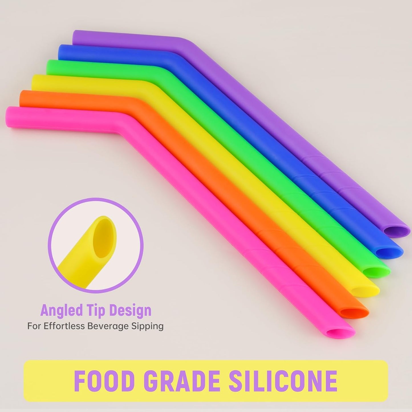 NiHome 6-Pack Extra Wide Bent Reusable Silicone Drinking Straws for Boba, Smoothies, Milkshakes, Dishwasher Safe with Cleaning Brush, BPA-Free and Soft for Kids, Trim-to-Fit Design (Neon Colors)