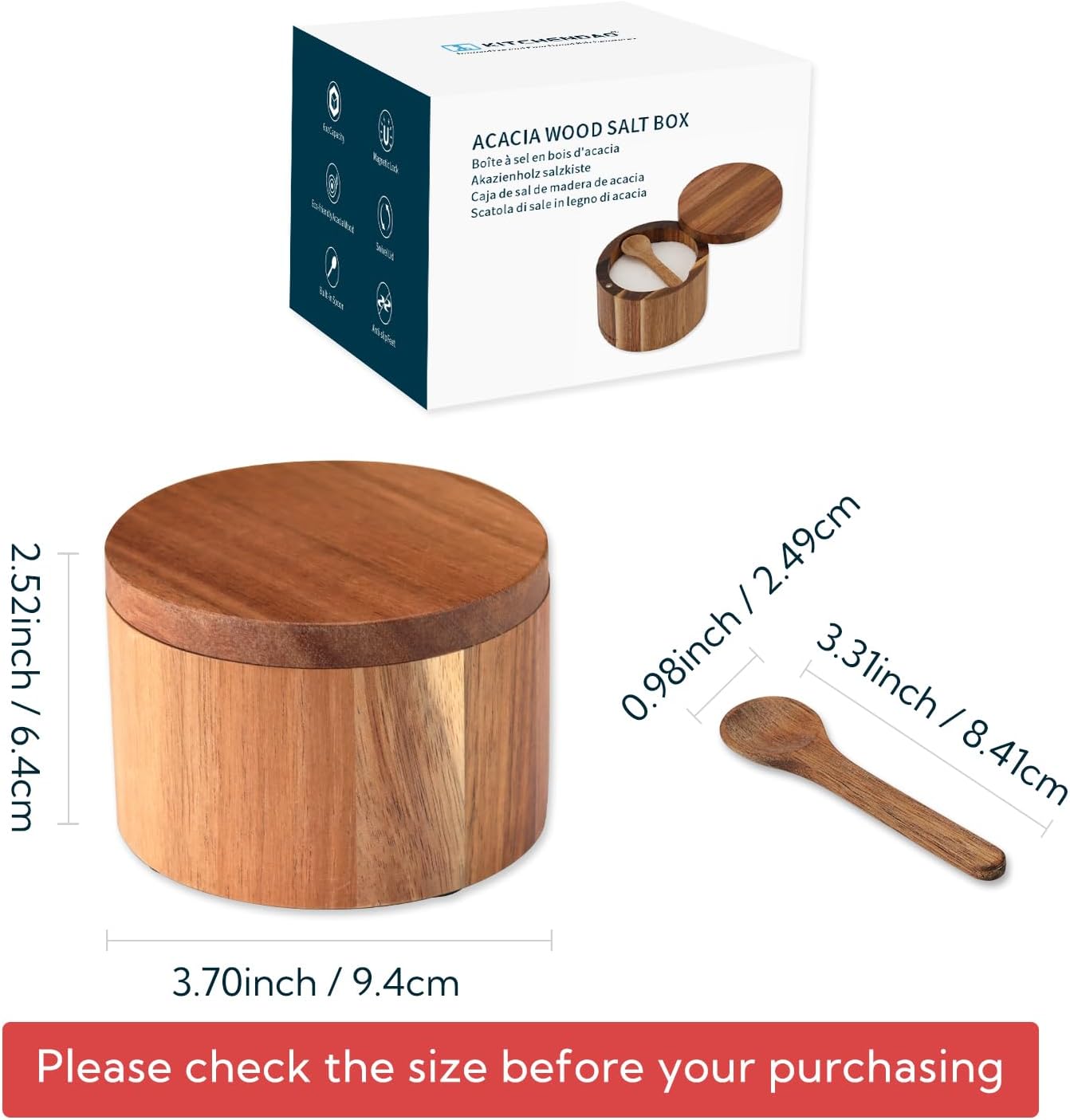 KITCHENDAO Acacia Wood Salt Cellar Bowl Box with Built-in Spoon to avoid Dust, Elegant Kitchen Salt Container Holder with Swivel Magnetic Lid to Storage Pepper Spice Bath Salt Sea Salt, 6OZ