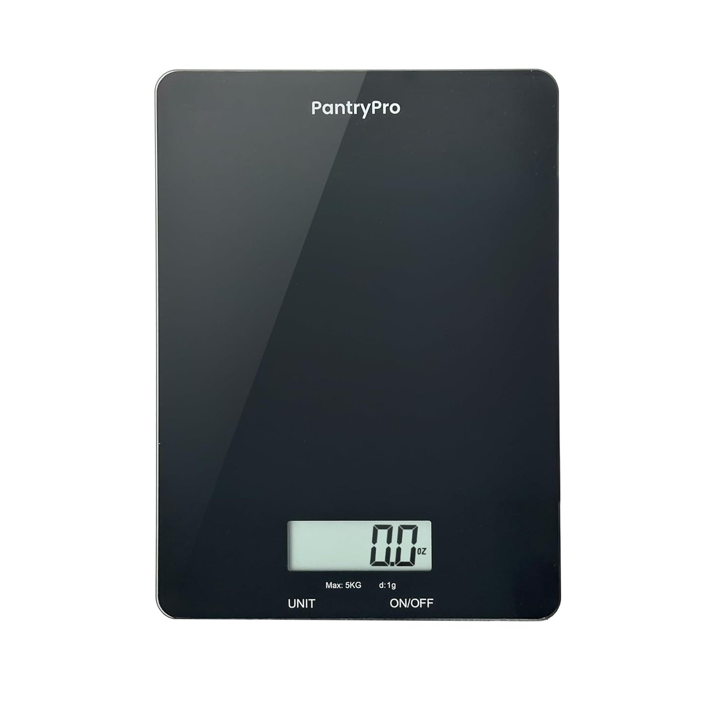 PantryPro Glass Platform Digital Kitchen Scale - 11lbs / 5kg Capacity - LCD Display g kg oz lb fl.oz ml - CR2032 Battery Included - Black