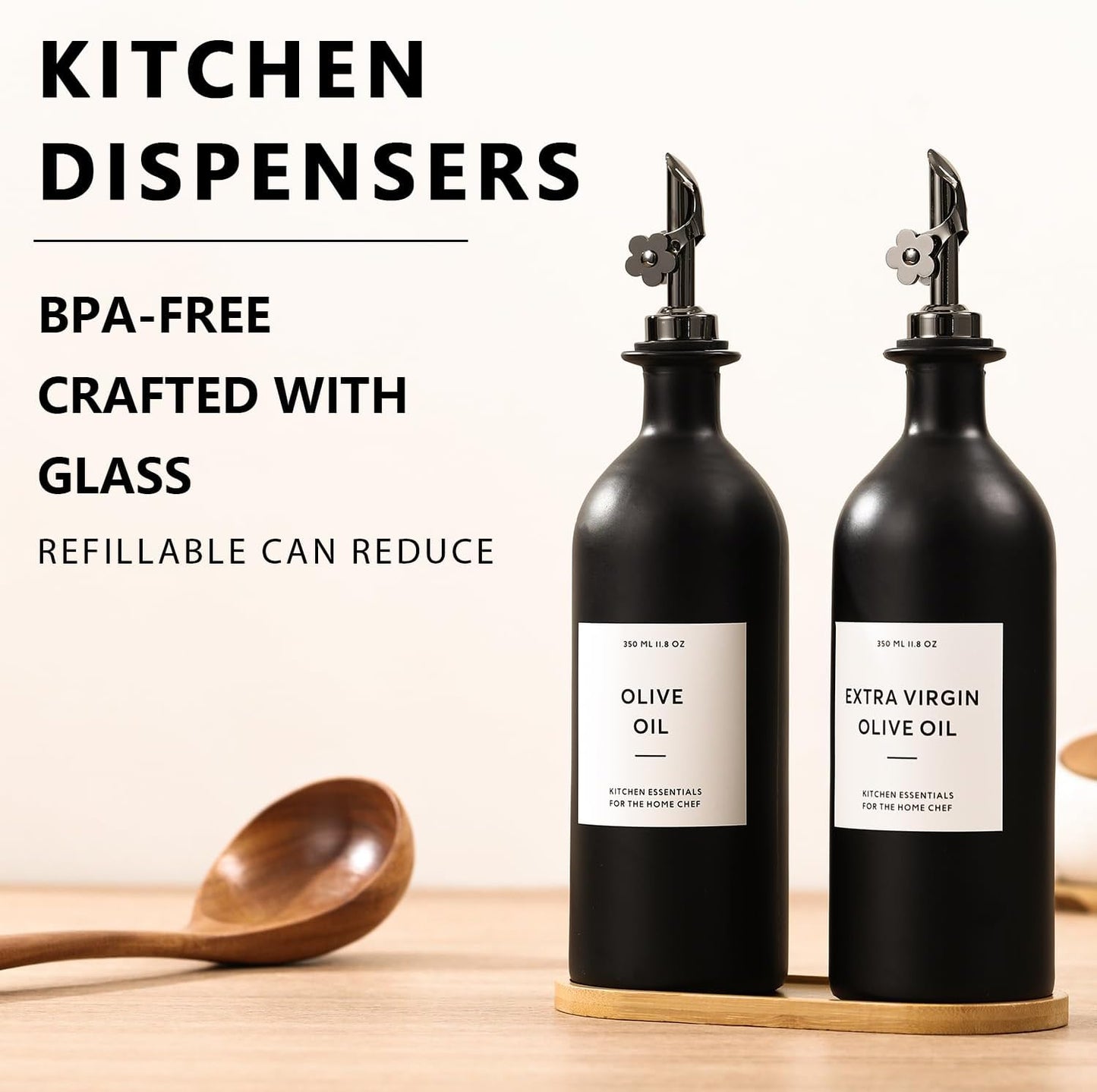 HOMCDALY Olive Oil Dispenser for Kitchen, 16oz Glass Oil Bottles with Bamboo Tray, Black Oil&Vinegar Cruet Set, Kitchen Dispenser Bottles with Pourer | Set of 2 (16oz – Black)
