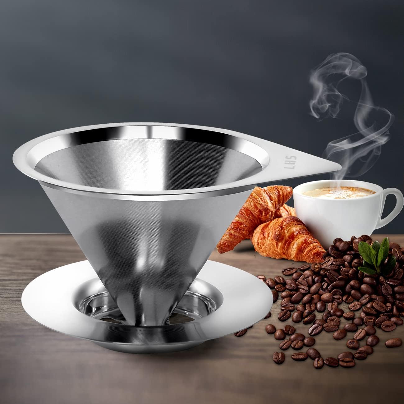 LHS Pour Over Coffee Dripper Reusable Coffee Filter Paperless Coffee Filter Stainless Steel Pour Over Coffee Maker Cone Coffee Dripper for 1-2 Cup,Silver