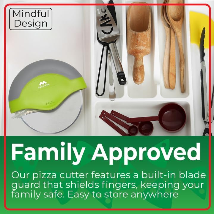 Mindful Design Pizza Cutter Wheel with Protective Blade Cover, Easy to Clean and Dishwasher Safe Ergonomic Pizza Slicer (Green)