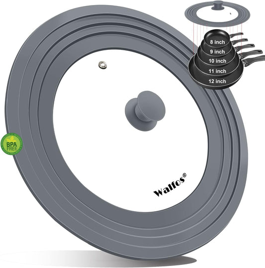 Universal Lid for Pots, Pans and Skillets - Walfos Tempered Glass Pan Lid with Heat Resistant Silicone Rim, BPA Free Large Pot Lids Fits 8" to 12" Diameter Cookware, Dishwasher-Safe, Grey