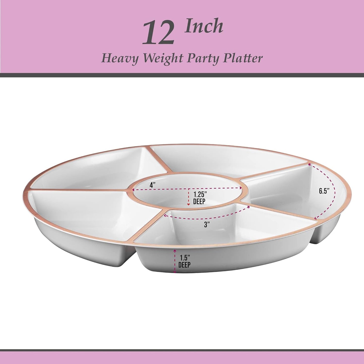 Plasticpro 6 Sectional Round Plastic Serving Tray/Platter (8, White & Rose Gold)