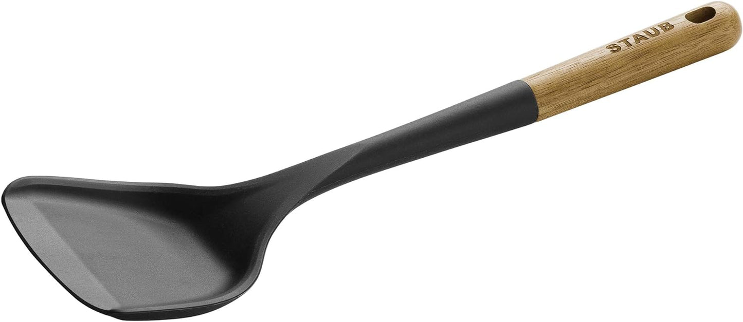 STAUB Wok Spatula, Perfect for Scooping, Flipping, Stirring, and Turning Stir Fries, One Size, Durable BPA-free Matte Black Silicone, Acacia Wood Handles, Safe for Nonstick Cooking Surfaces