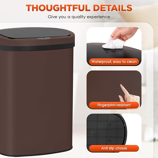 PayLessHere | 13 Gallon Stainless Steel Trash Can | Brown | Automatic Touchless - Image 6