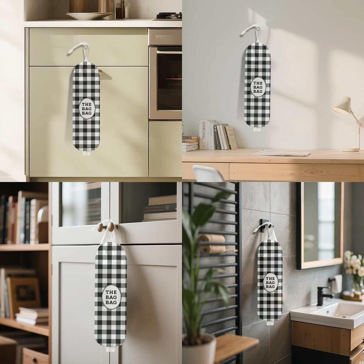 Black White Buffalo Check Plaid Plastic Bag Holder for Kitchen Essentials, Wall Mount Grocery Bag Holder for Plastic Bags, Minimalist Reusable Grocery Bags Storage Dispenser for Home Kitchen Farmhouse