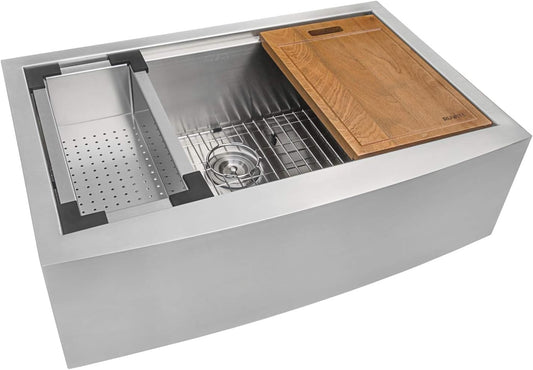 Ruvati 36-inch Rounded Corners Apron-front Workstation Farmhouse Kitchen Sink - 16 Gauge Stainless Steel Kitchen Sink Single Bowl with Brushed Finish hides scratches - RVH9300