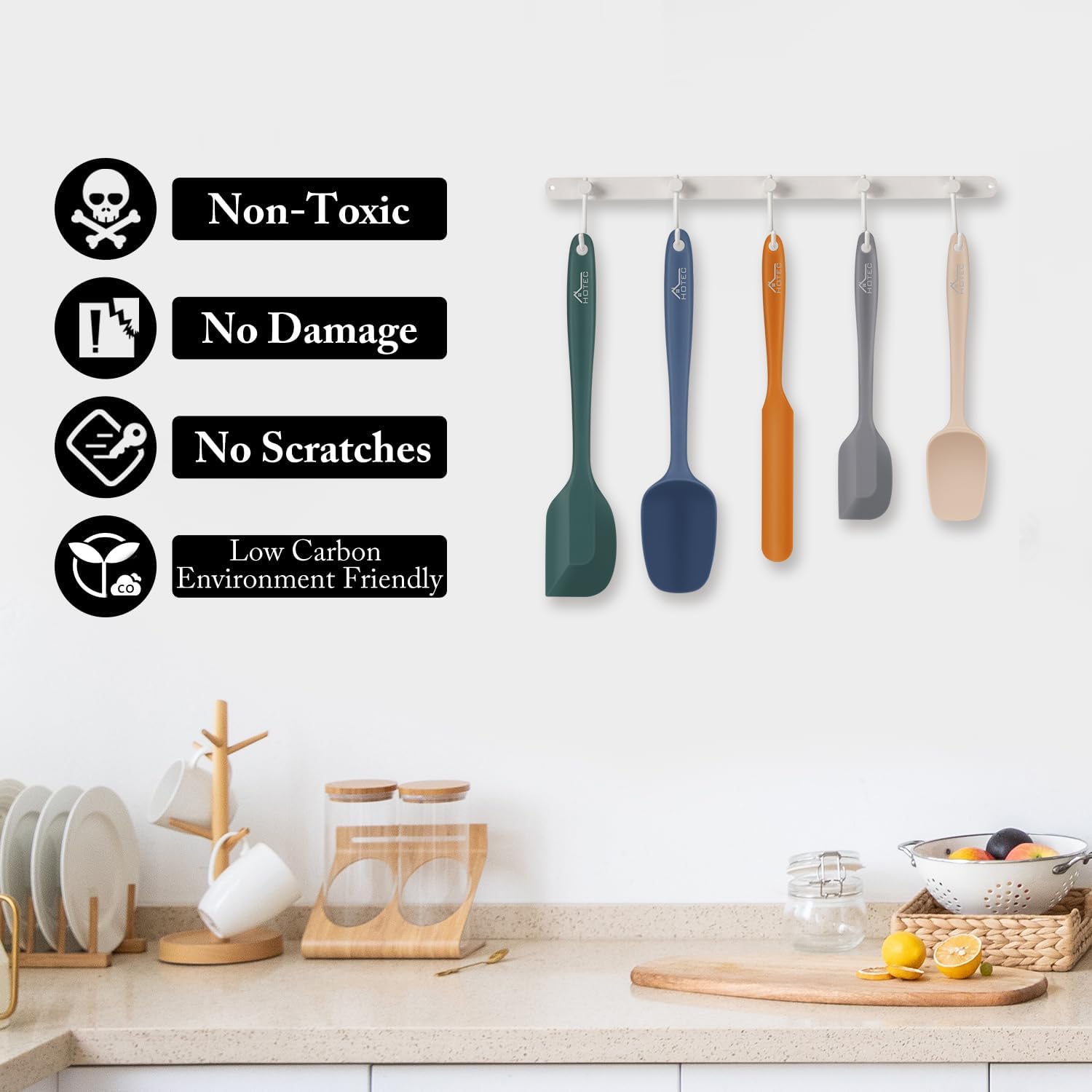 HOTEC Heat Resistant 600℉ BPA-Free Silicone Rubber Spatula Set for Baking, Cooking, and Mixing Non Stick Dishwasher Safe, Neutral Set of 5