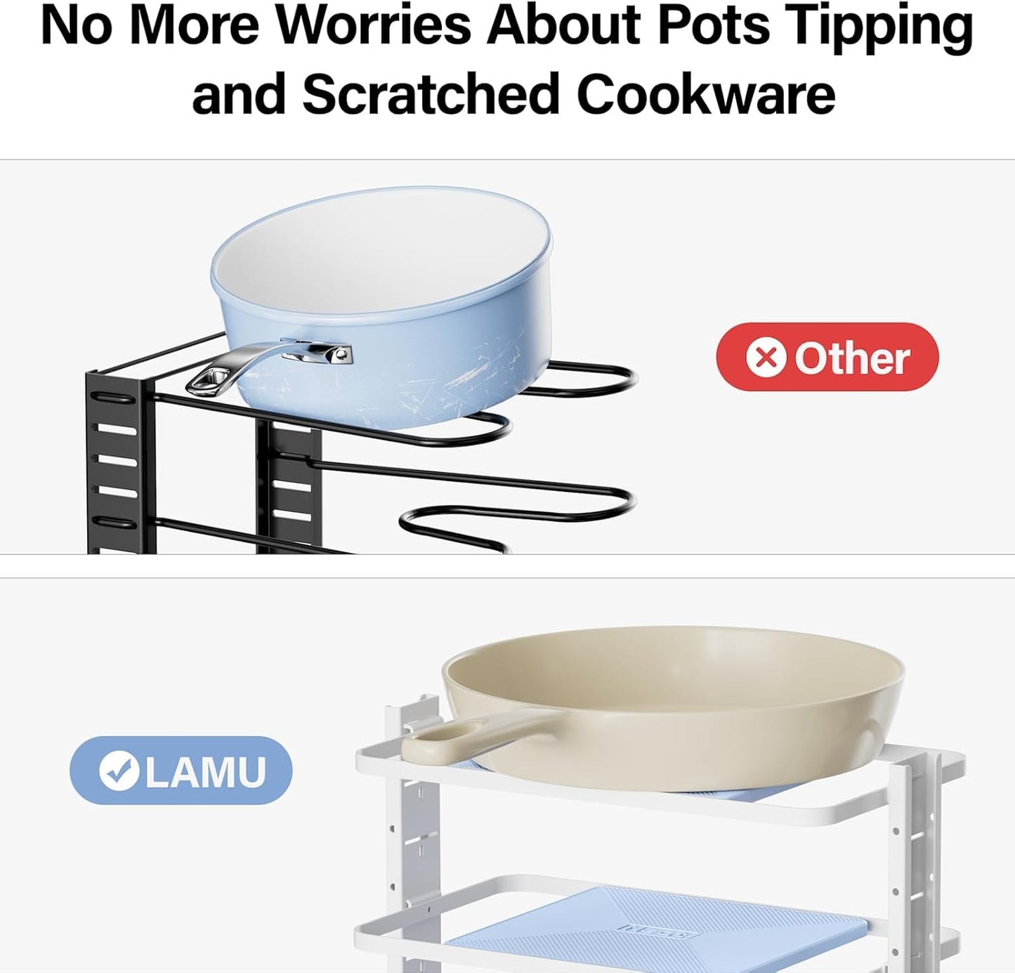 LAMU Pots and Pans Organizer for under Cabinet，6-Tier Heavy Duty Adjustable Pan Pot Organizers inside Cabinet, Pot Rack for Kitchen Cabinet Organization and Storage White