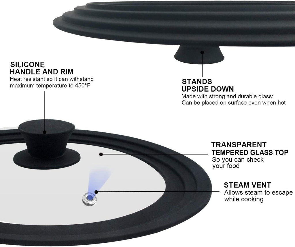 Universal Lid for Pots, Pans and Skillets Fits 10.5", 11.5" and 12" Diameter Cookware - Walfos Tempered Glass Pan Lid with Heat Resistant Silicone Rim, BPA Free Large Pot Lids, Dishwasher-Safe, Black