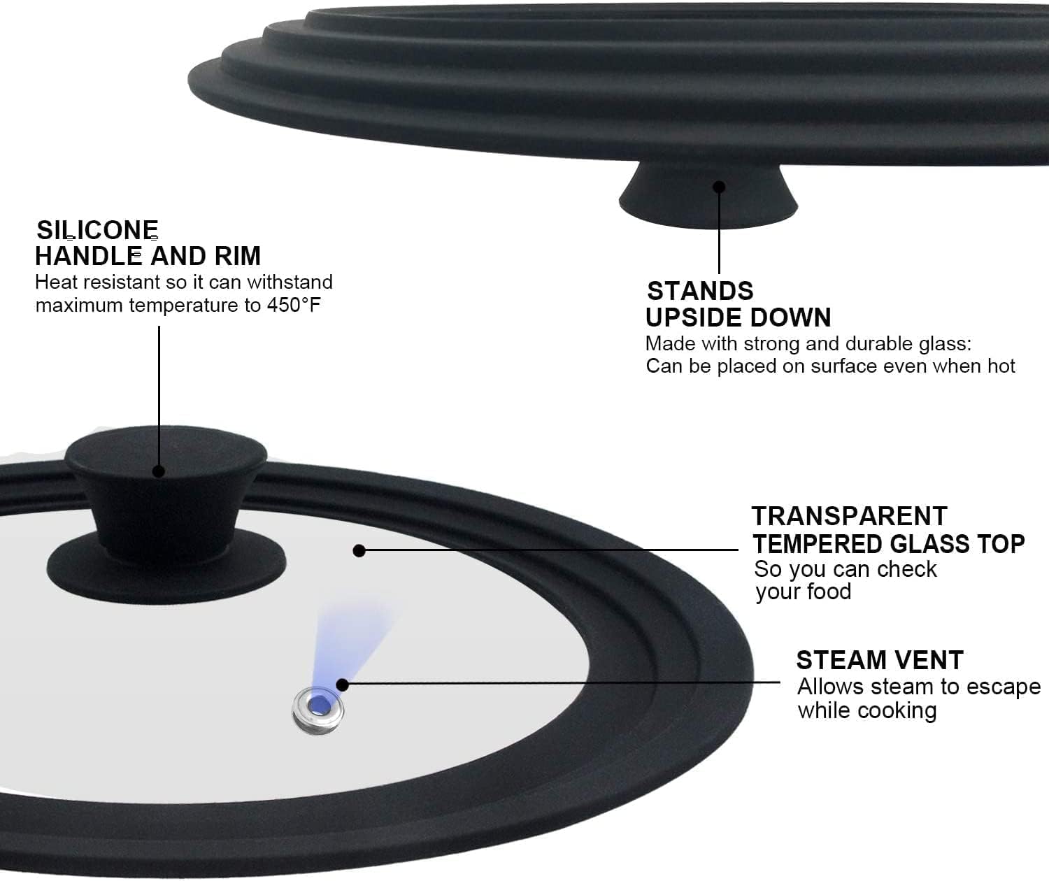 Universal Lid for Pots, Pans and Skillets Fits 10.5", 11.5" and 12" Diameter Cookware - Walfos Tempered Glass Pan Lid with Heat Resistant Silicone Rim, BPA Free Large Pot Lids, Dishwasher-Safe, Black