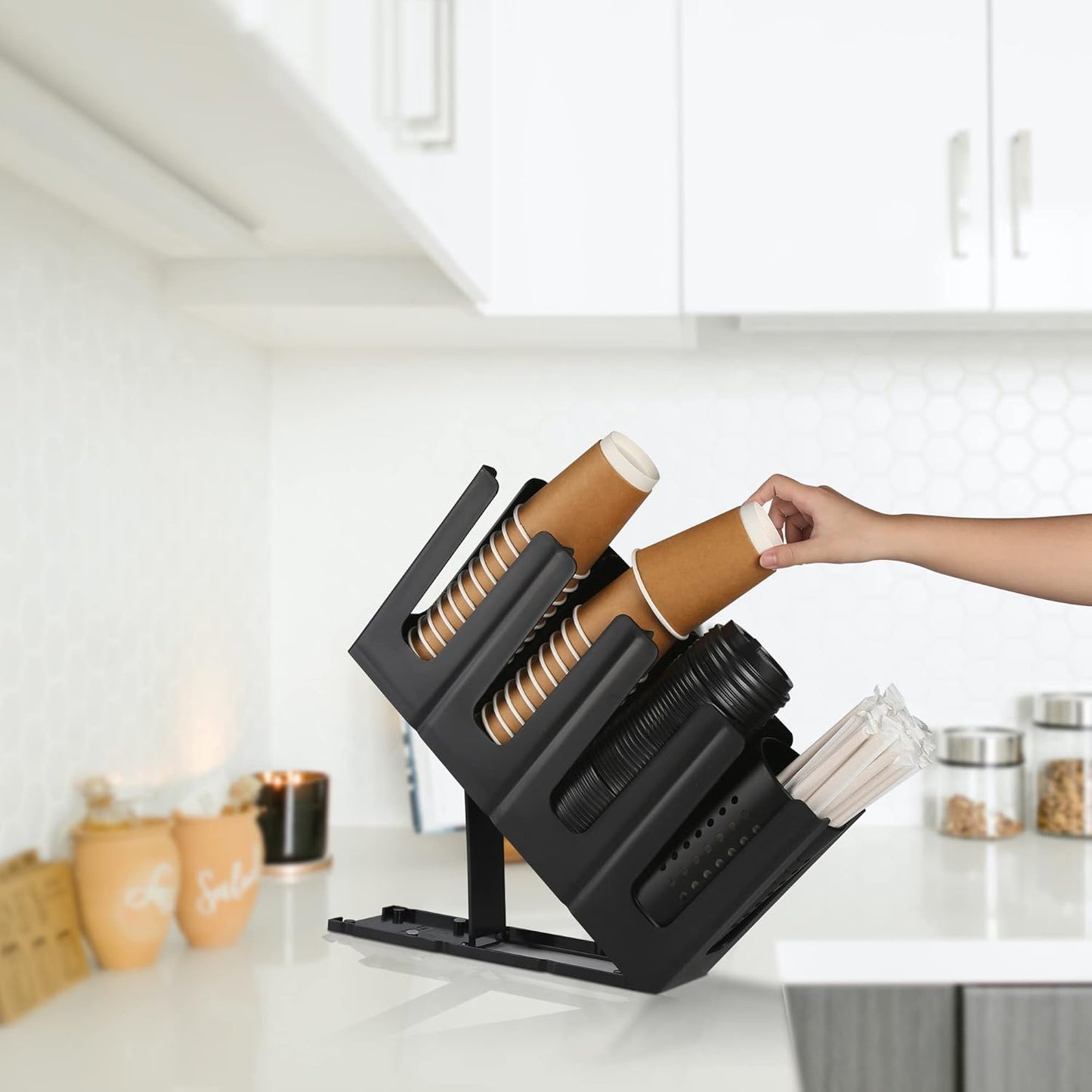 Paper Cup and Lid Holder with Straw Organizer, Disposable Coffee Cup Dispenser for Countertop Coffee Station Bar Restaurant Breakroom, Black