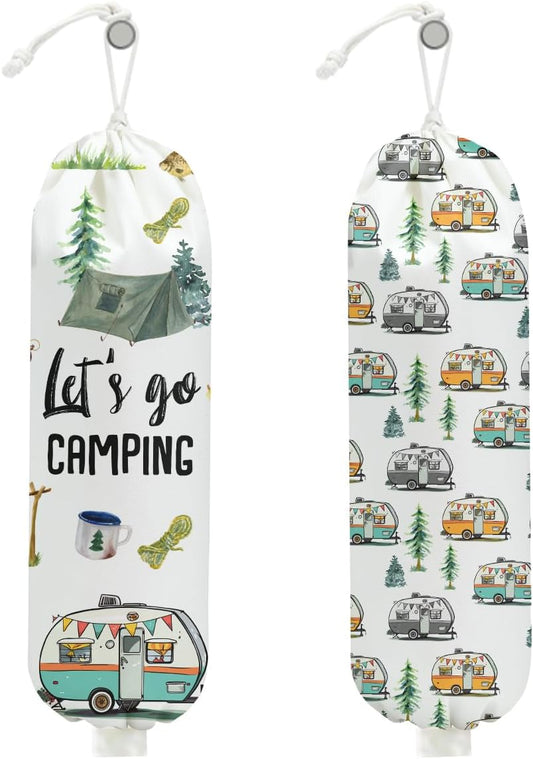 2Pcs Camping Plastic Bag Holder, Wall Mount Trash Bag Holder, Tent Rv Bonfire Large Reusable Grocery Bags Organizer Storage Dispenser for Camp Kitchen Pantry, Camping Gifts for Women Men Camper
